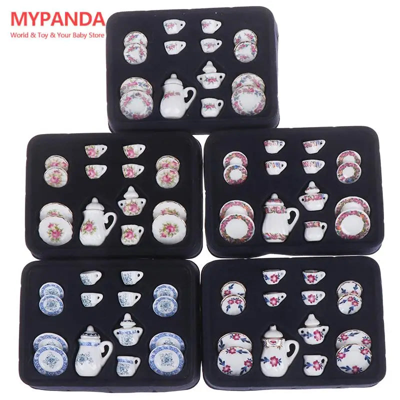 15Pcs 1:12 Miniature Porcelain Tea Cup Set Chintz Flower Tableware Kitchen Dollhouse Furniture Toys For Children