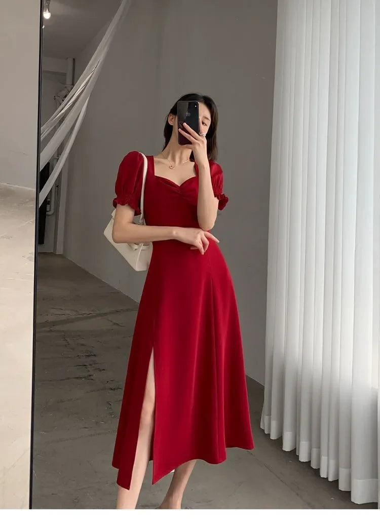 Sweet Vintage French Style Women's Long Dress Summer Hot Sale Of The Season New Bubble Sleeve Square Collar A- Line Split Skirt