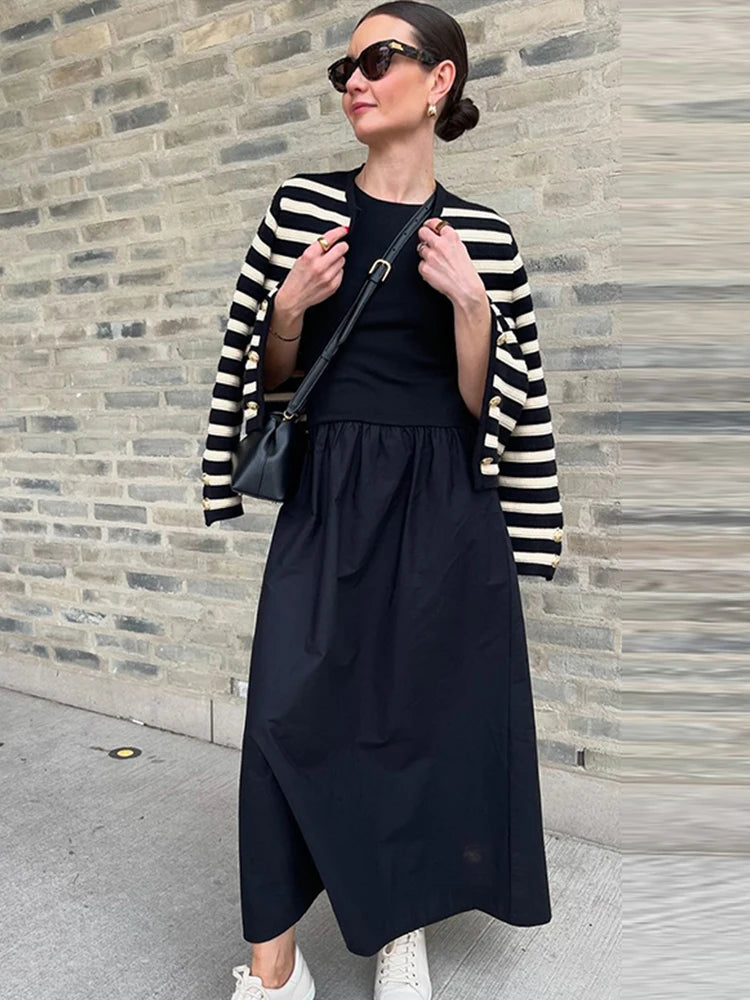 Fashion Patchwork Long Dress For Women Chic O-neck Sleeveless Party Midi Dresses Female Elegant Evening Holiday Lady Vestidos