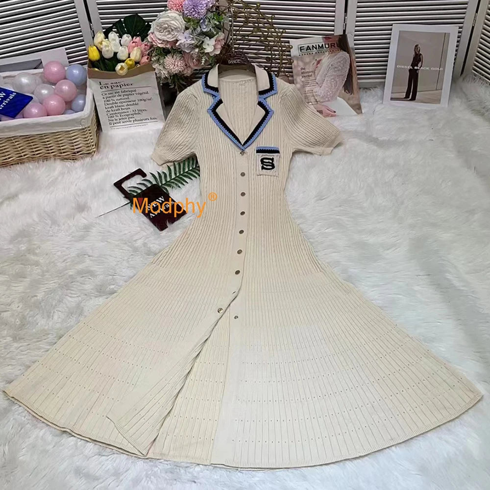 Modphy 2025 Elegant Slim Knitted Long Dress Women's Letter Single Breasted Long Sleeved Designer Vintage Dresses Autumn