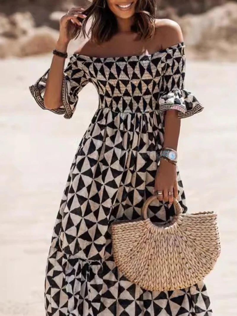 Women's One Line Neck Off Shoulder Elegant Printed Waist and Ankle Long Dress Women's Fashion Dress