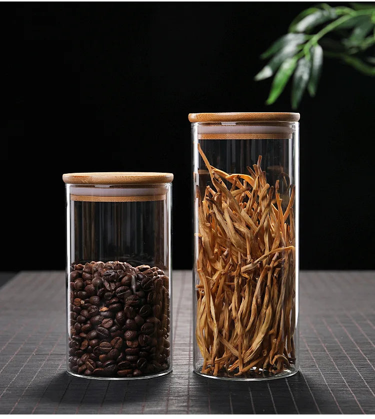 Kitchen Storage Tank Food Container Bambo Covered High Borosilicate Food Sealed Glass Tank Kitchen Miscellaneous Grain Organizer