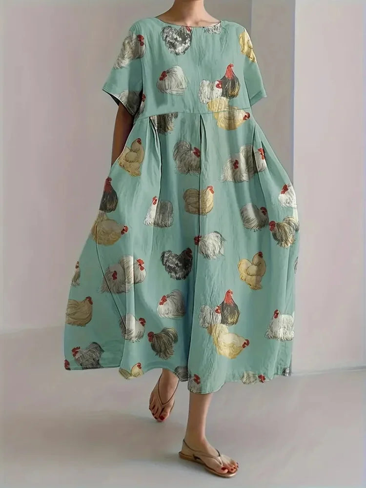 Cute Cat 3D Printed Round Neck Elegant Knee-length Dress Outdoor Holiday Casual Women's Long Dress Elegant Women's Long Dress