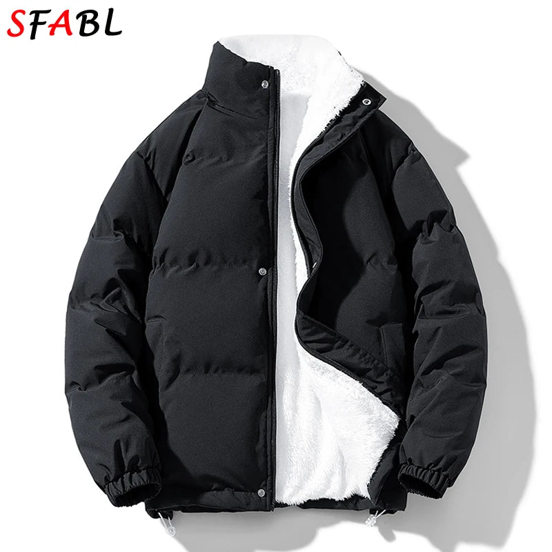 New Hooded Fleece Lining Men's Winter Jacket Coat Parka With Zipper Pockets Korean Winter Jackets for Men's Winter Coats Black