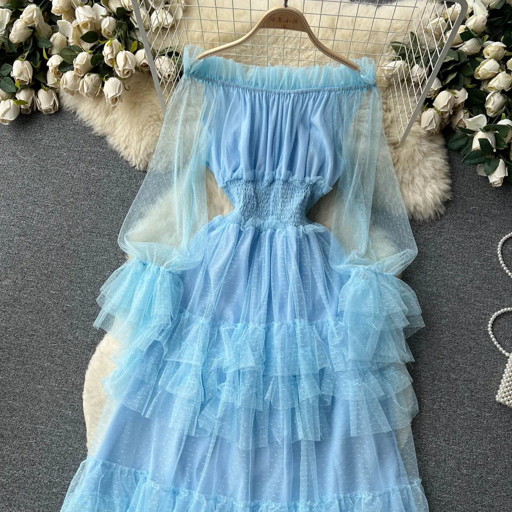SINGREINY Mesh Party Long Dress Women Ruffle Long Sleeve Slash Neck Elastic Waist French Ladies Summer Elegant A Line Dresses