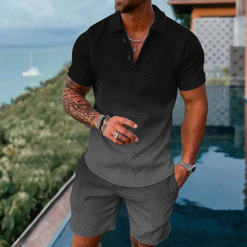 Solid Color Gradient Print Men's Sweatsuit Set Summer Casual Zipper Polo Shirt And Shorts 2pcs Sets Trend Man Pullover Clothing