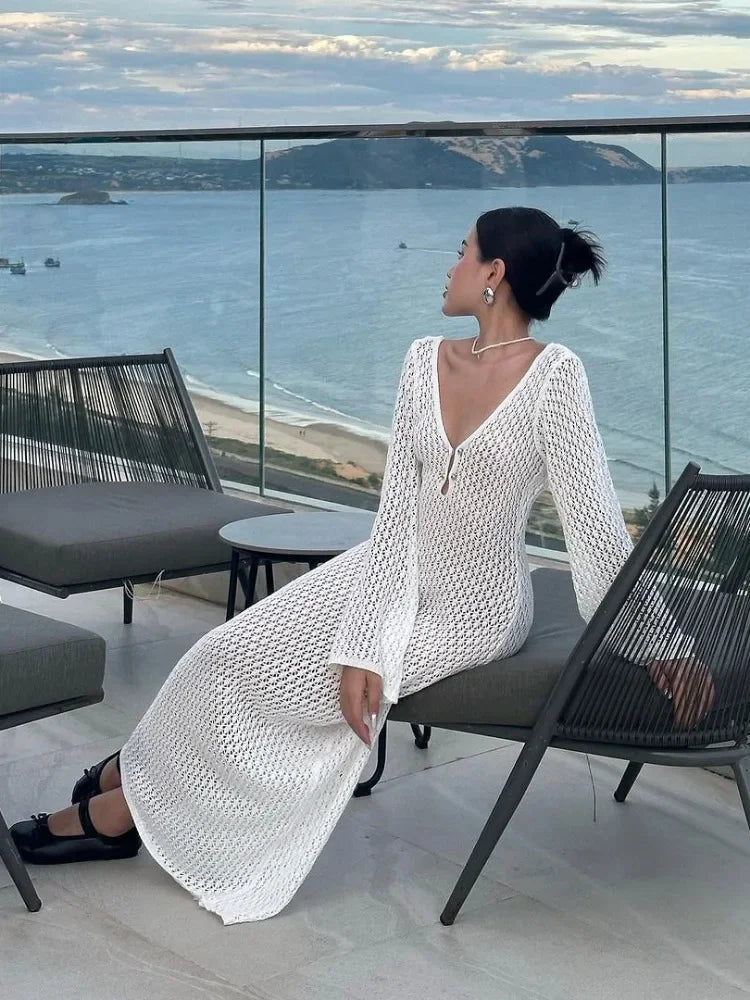 TARUXY Crochet Beach Maxi Dress Women's Sexy Knitted Hollow Bikini Swimsuit Cover-Up Sun Protection Dress See Through Slim Lady