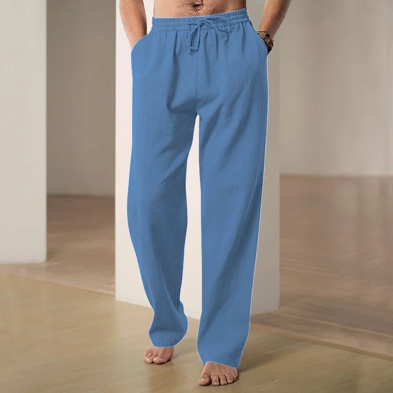 Men's summer cotton and linen loose straight wide-leg pants, casual sports linen long pants, jogging and fitness sportswear