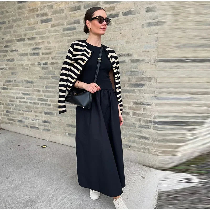 Fashion Patchwork Long Dress For Women Chic O-neck Sleeveless Party Midi Dresses Female Elegant Evening Holiday Lady Vestidos