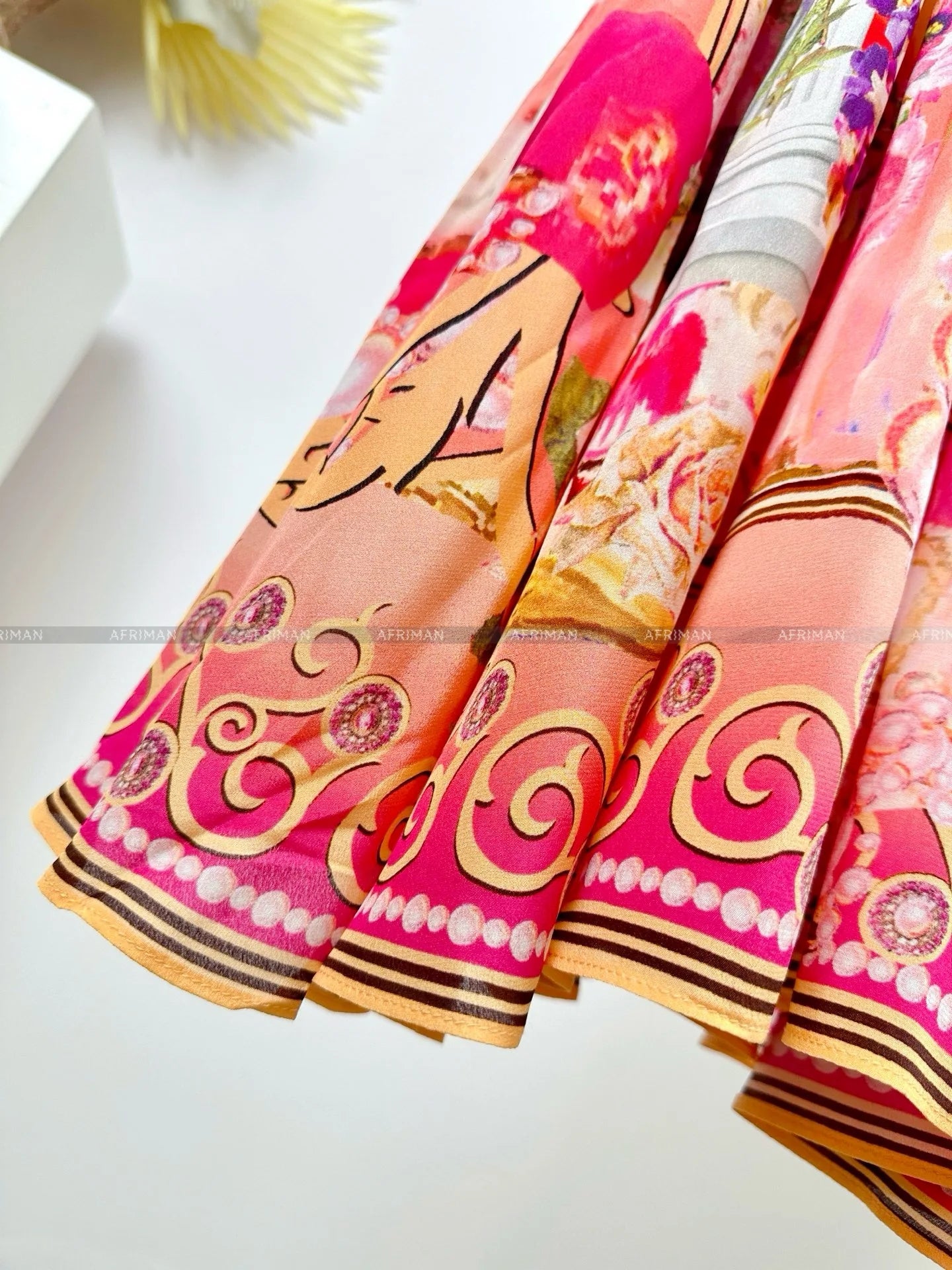 Women V Neck Crystal Beaded Pink Flower Print 3D Flower Embroidery Long Sleeve Silk Long Dress