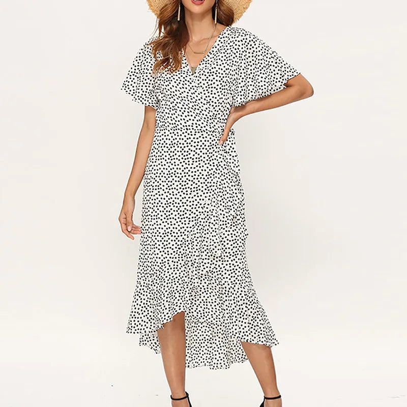 Women Summer Dresses Bohemian Sexy V-Neck Irregular High Waist Lace-up Chiffon Print Dress Casual Beach Long Dress