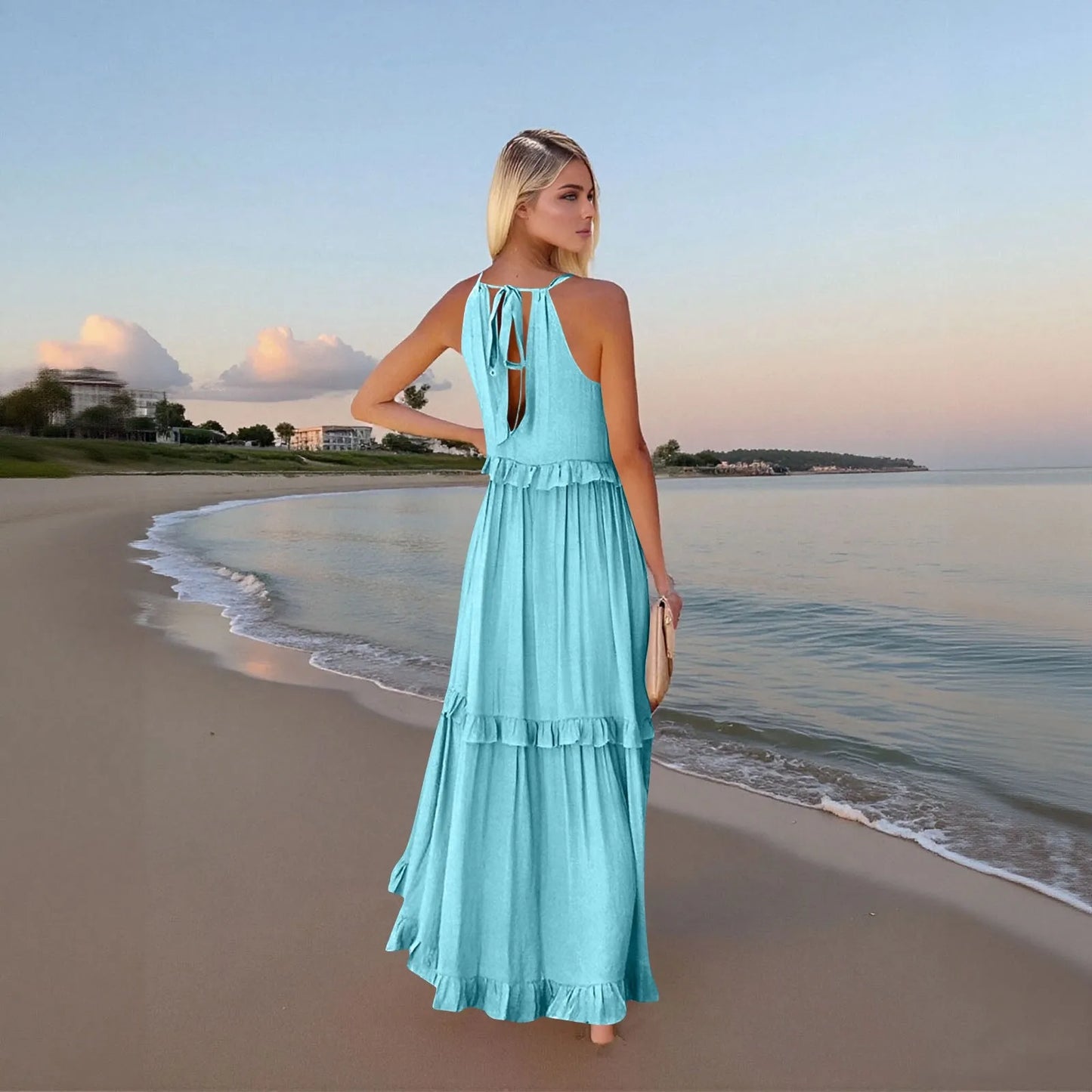 Women's Ruffled hem layered long dresses Summer Sleeveless backless dress Fashion Long Dress Big Swing Beach Dress vestidos