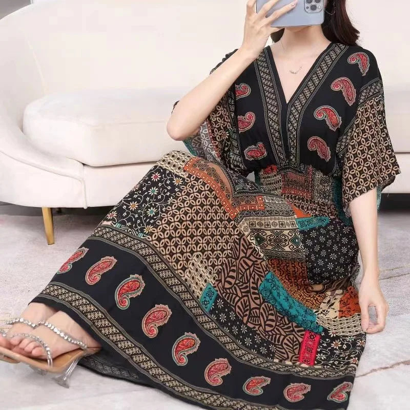 V-neck Large Skirt Hem Casual Sweet Holiday Long Dress Bat Sleeves Elastic Waist Bohemian Print Floral Elegant Dresse For Women