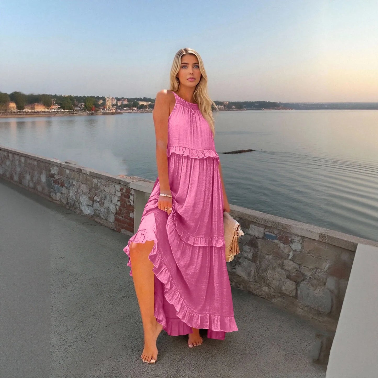 Women's Ruffled hem layered long dresses Summer Sleeveless backless dress Fashion Long Dress Big Swing Beach Dress vestidos