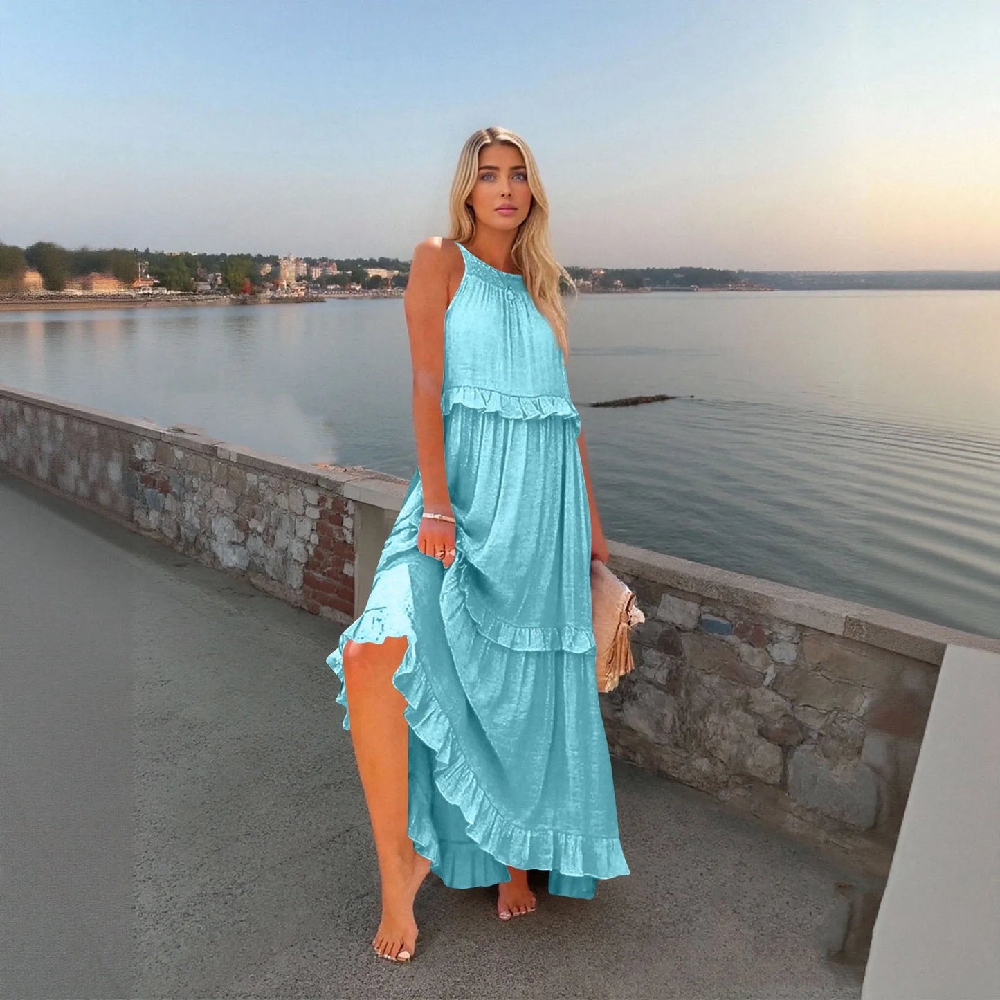 Women's Ruffled hem layered long dresses Summer Sleeveless backless dress Fashion Long Dress Big Swing Beach Dress vestidos