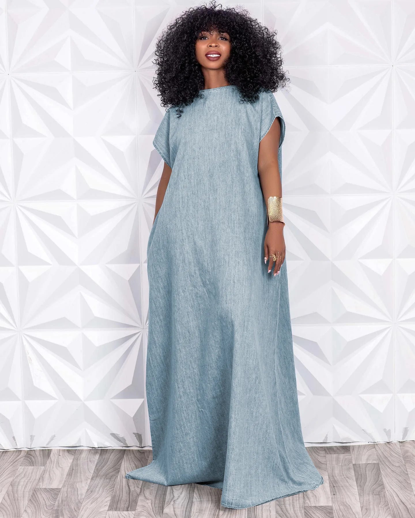 CM.YAYA Vintage Women Fashion Batwing Short Sleeve Denim V-back Loose Slim Maxi Long Dress 2023 High Street Vestido Jean Dresses