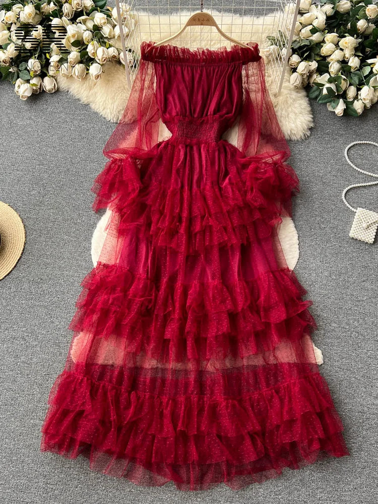 SINGREINY Mesh Party Long Dress Women Ruffle Long Sleeve Slash Neck Elastic Waist French Ladies Summer Elegant A Line Dresses