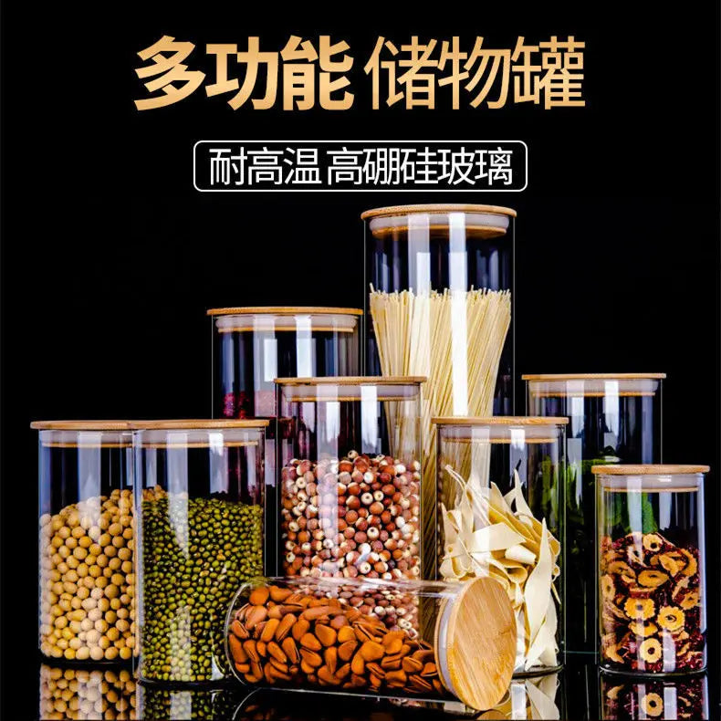 Kitchen Storage Tank Food Container Bambo Covered High Borosilicate Food Sealed Glass Tank Kitchen Miscellaneous Grain Organizer