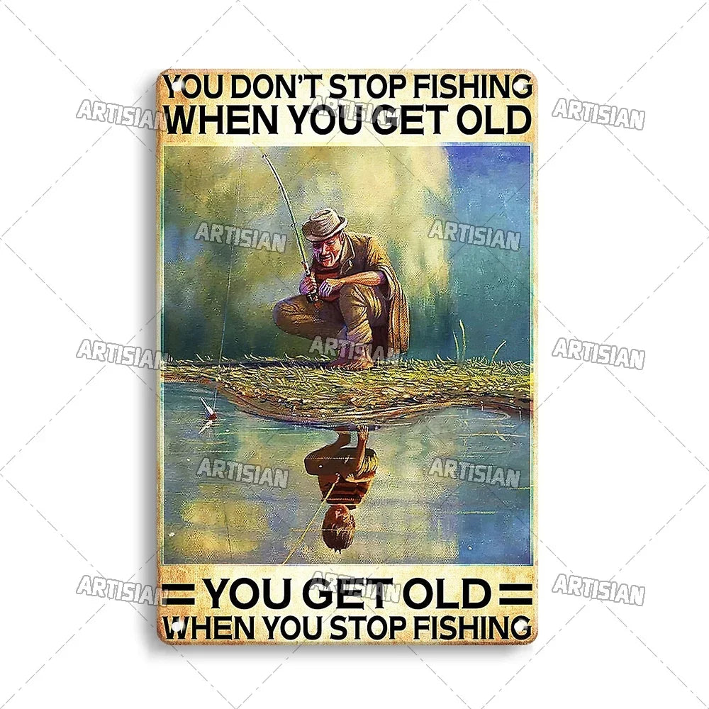 Artisian Fishing Metal Poster Sport Tin Sign Lure Bait Decorative Plaque Wall Decor Garage Bar Pub Club Hotel Cafe Kitchen Home
