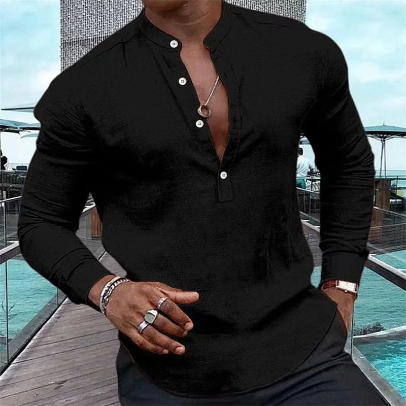 Fashion shirt men's Henry solid color half-open button stand collar muscular men's tops street soft and comfortable 2023 new