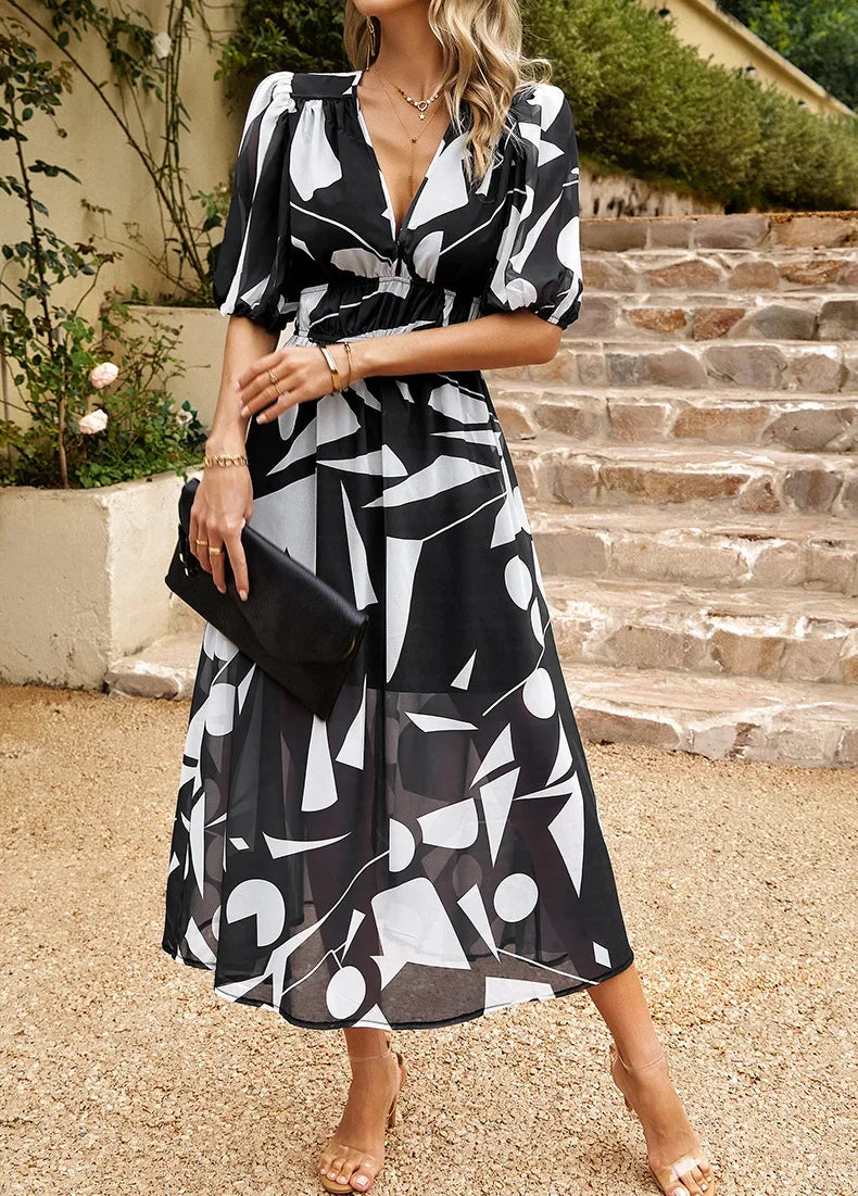 2024 Elegant High Quality Design summer long Dress Waist Cinching V-neck Print Elastic Waist Maxi Dresses for Women Clothing