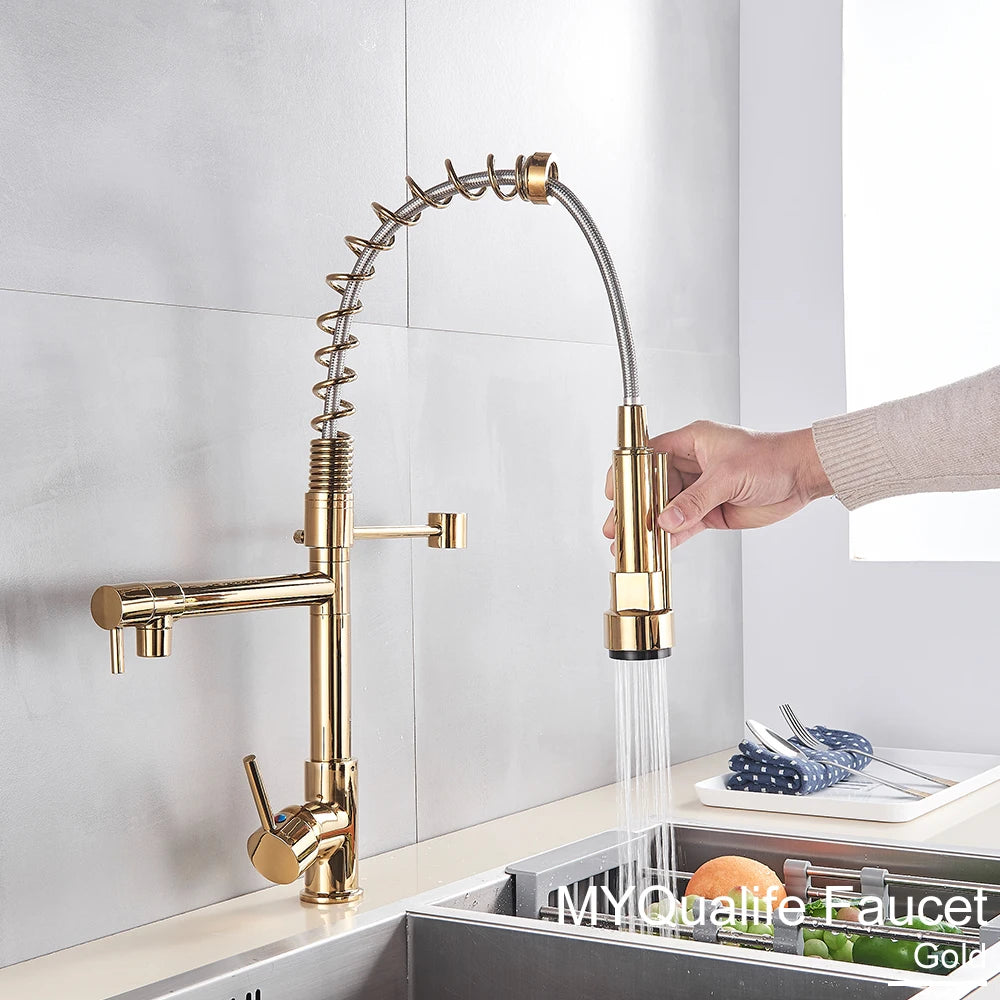 Black Pull Down Kitchen Sink Faucet Hot Cold Water Mixer Crane Tap with Dual Spout 360 Rotation High Faucet Deck Mounted