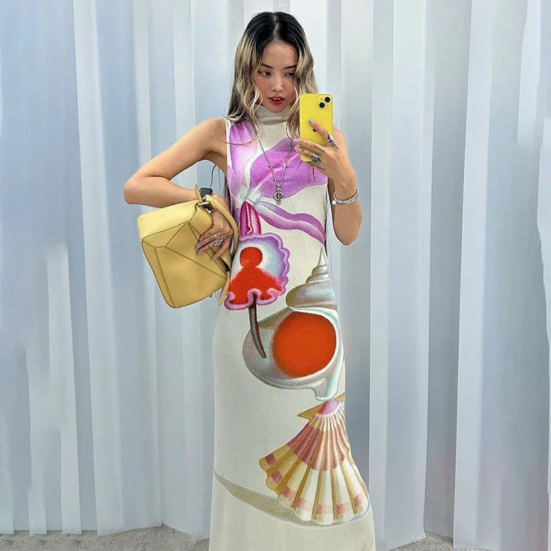 2024 Spring Summer Women long Dress Turtleneck Print Slit Round Neck Sleeveless Slim Fit Maxi Dress Robes Female Party Vestidos