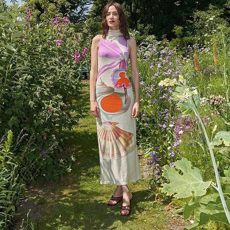 2024 Spring Summer Women long Dress Turtleneck Print Slit Round Neck Sleeveless Slim Fit Maxi Dress Robes Female Party Vestidos