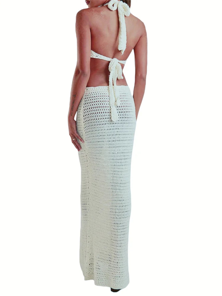 Y2K Cut Out Knitted Long Dress Women Contrast Sleeveless Halter V Neck Backless Dress Summer Bohemian Beach Sexy Dresses Female