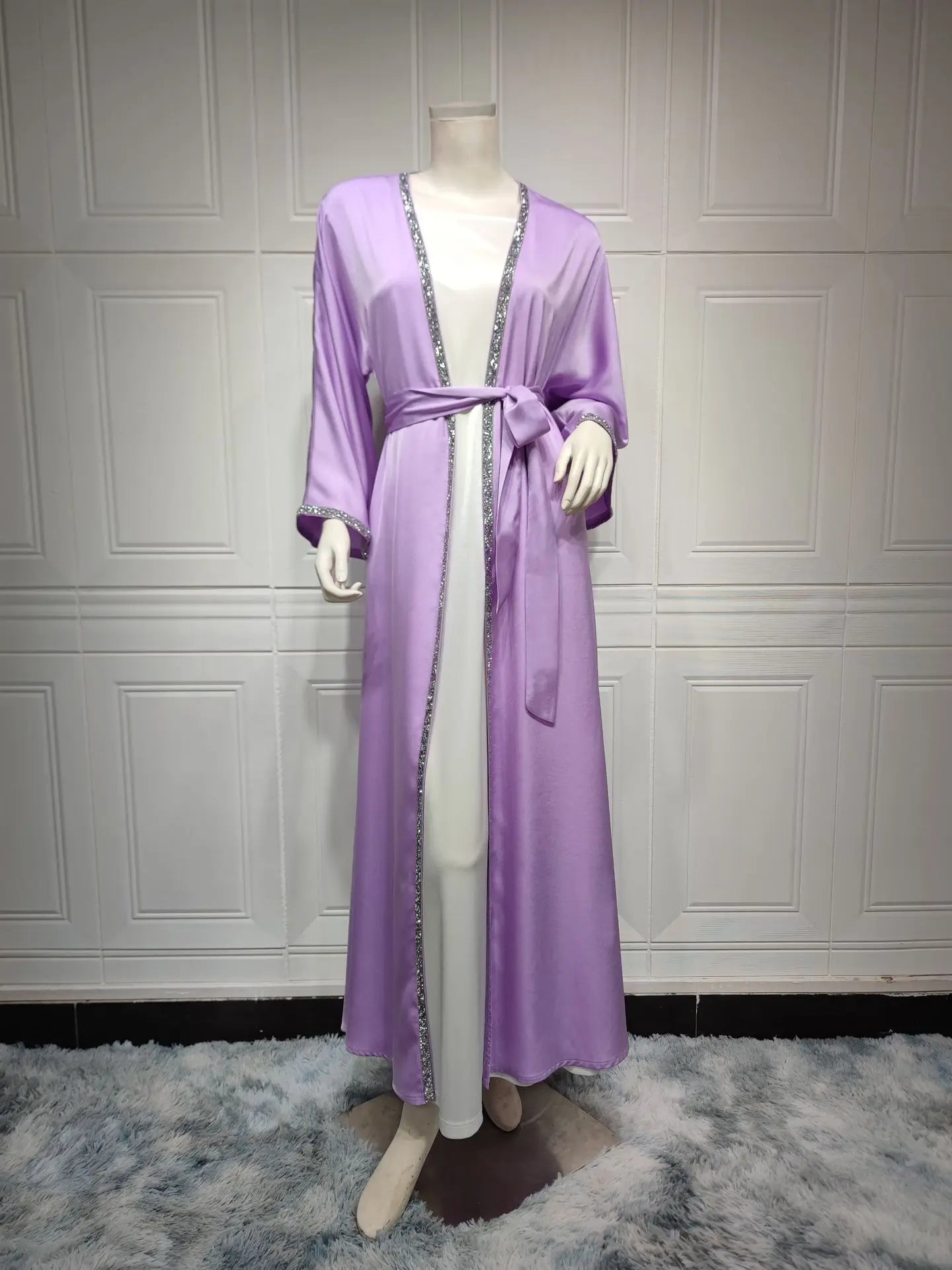 2024 Muslim Dress Diamond Women's Long Dress Fashion Long Sleeve Lace-up Long Abayas Casual Solid Color Clothes for Muslim Women