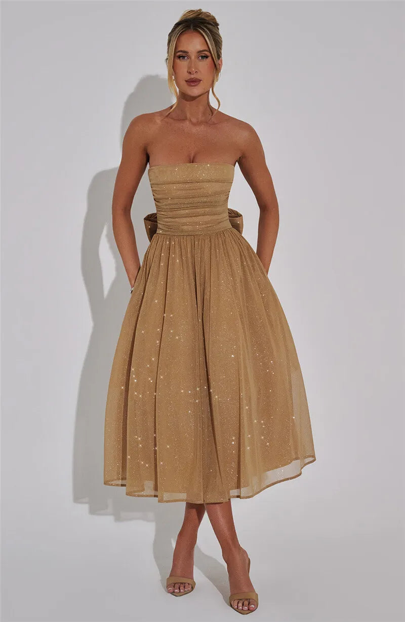 Mozision Off-shoulder Backless Bow Sexy Maxi Dress For Women Strapless Sleeveless A-line Loose Pleated Sexy Long Dress Clubwear