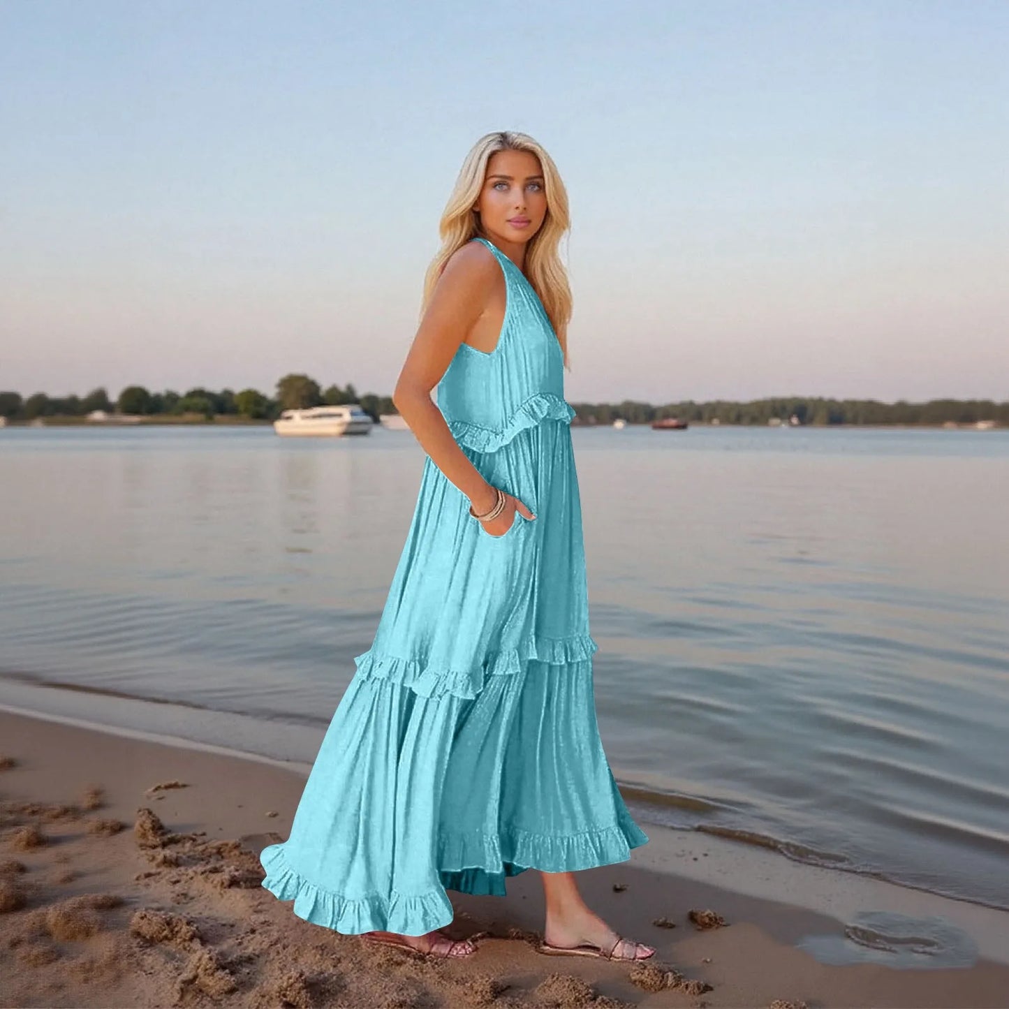 Women's Ruffled hem layered long dresses Summer Sleeveless backless dress Fashion Long Dress Big Swing Beach Dress vestidos