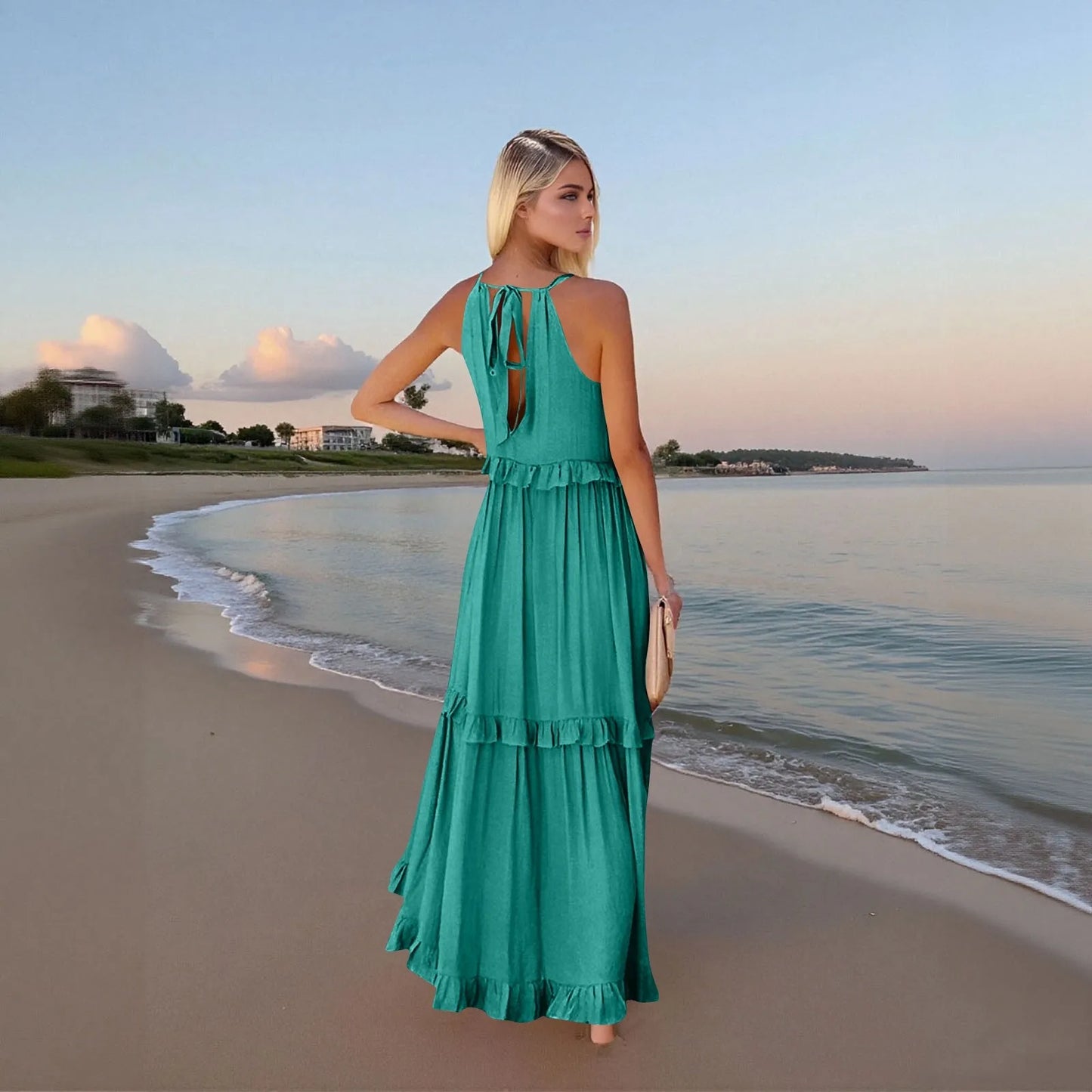 Women's Ruffled hem layered long dresses Summer Sleeveless backless dress Fashion Long Dress Big Swing Beach Dress vestidos