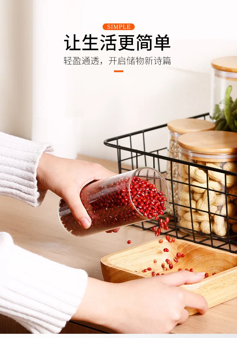Kitchen Storage Tank Food Container Bambo Covered High Borosilicate Food Sealed Glass Tank Kitchen Miscellaneous Grain Organizer