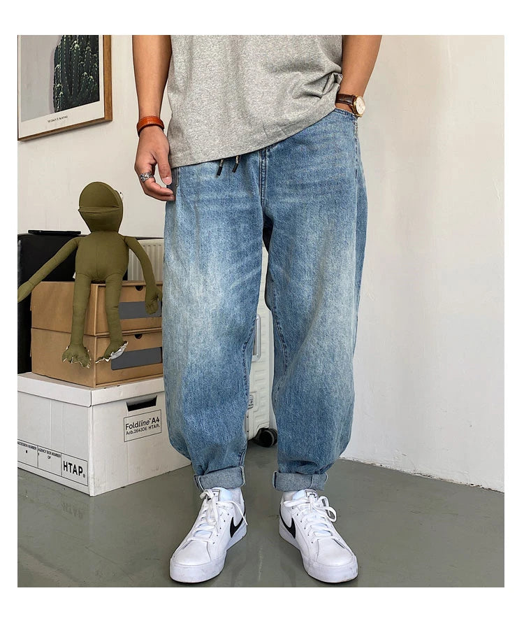Spring Autumn Japanese Streetwear Retro Casual Denim Cargo Pants Men Clothing Loose Straight Harem Trousers Harajuku Jeans