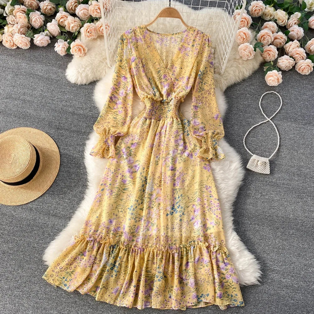 YuooMuoo 2025 Spring Summer Long Sleeve Chiffon Dresses Fashion Female Elastic Waist Pleated Long Dress Women Print Floral Dress