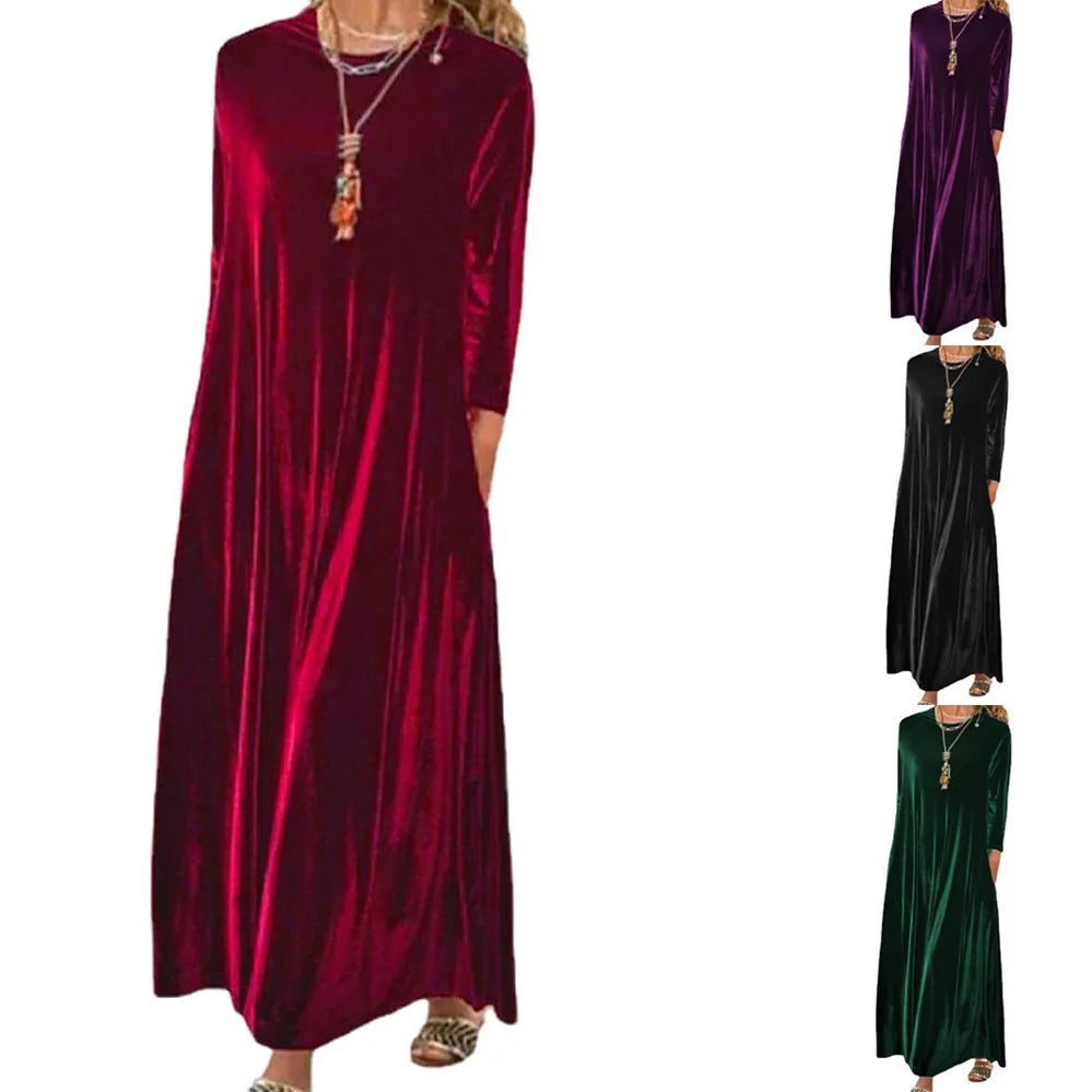 Spring and Summer New Gold Velvet European and American Slim Style Round Neck Long Dress