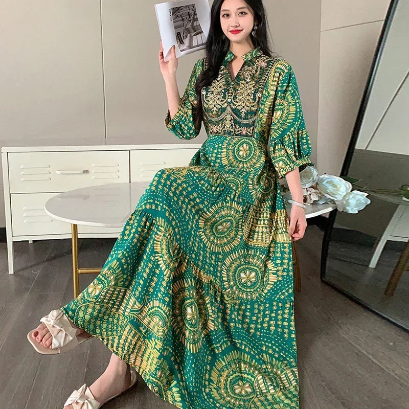 Summer Autumn Robe Maxi Long Dress Women Indian Clothes Boho Cotton Print Floral Boho Korean Style Fashion Casual Vestido Largos