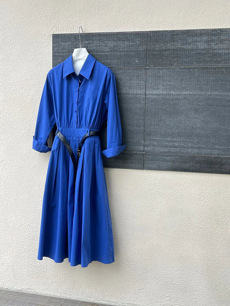 Polo‘s Collar Shirt Dress Women Spring Slimming Long Dress With A Cinched Waist Blue / Pink