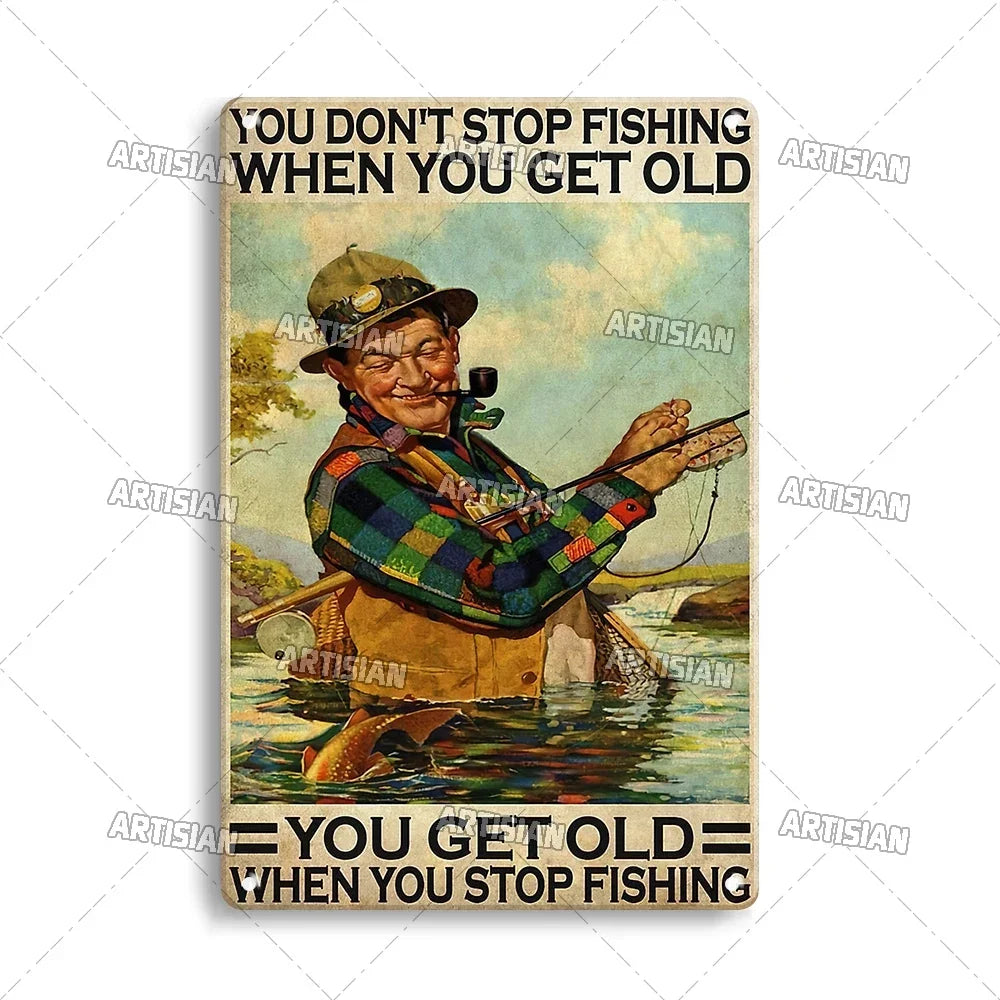 Artisian Fishing Metal Poster Sport Tin Sign Lure Bait Decorative Plaque Wall Decor Garage Bar Pub Club Hotel Cafe Kitchen Home
