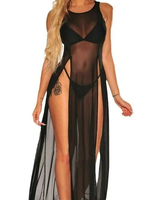 Lace O Mesh Neck Maxi Dress Mesh Lace Thin Transparent Sexy Women Slit Long Dress Elegant Women Fashion Sexy Women 7L7G