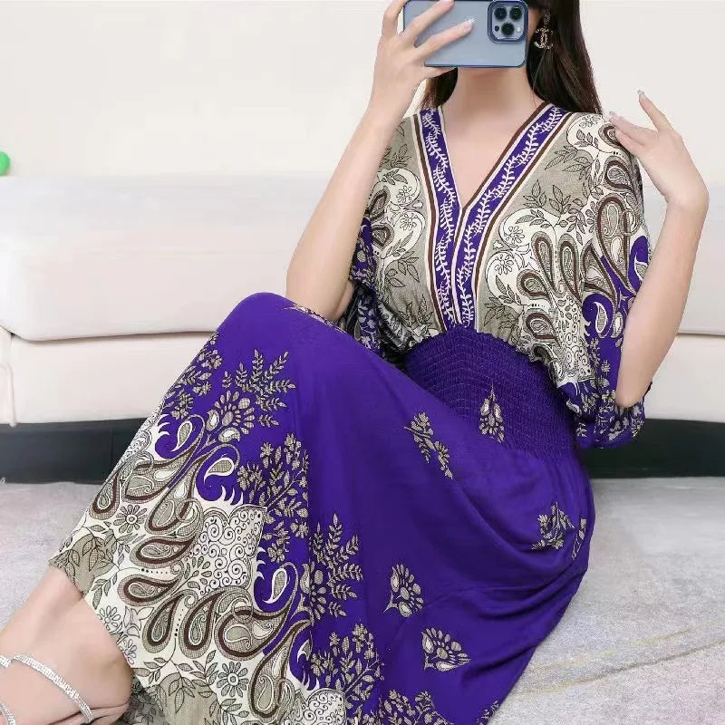V-neck Large Skirt Hem Casual Sweet Holiday Long Dress Bat Sleeves Elastic Waist Bohemian Print Floral Elegant Dresse For Women