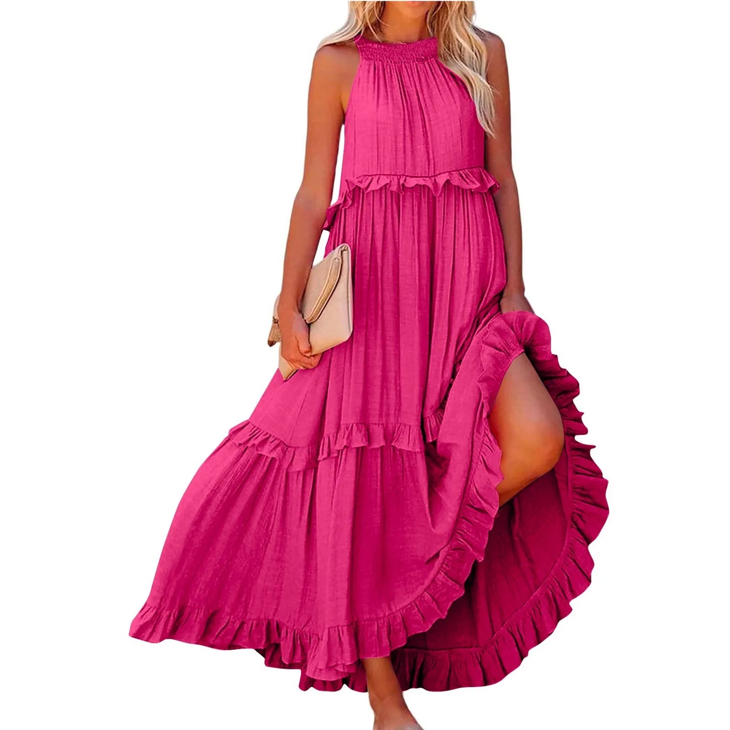 Women's Ruffled hem layered long dresses Summer Sleeveless backless dress Fashion Long Dress Big Swing Beach Dress vestidos