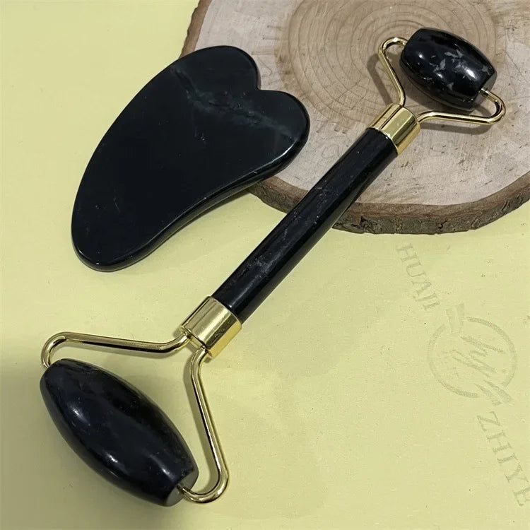Natural Jade Double Head Roller Health Beauty Treatment Device Scraping Board Set Xiuyan Face Massager To Lift Remove Wrinkles