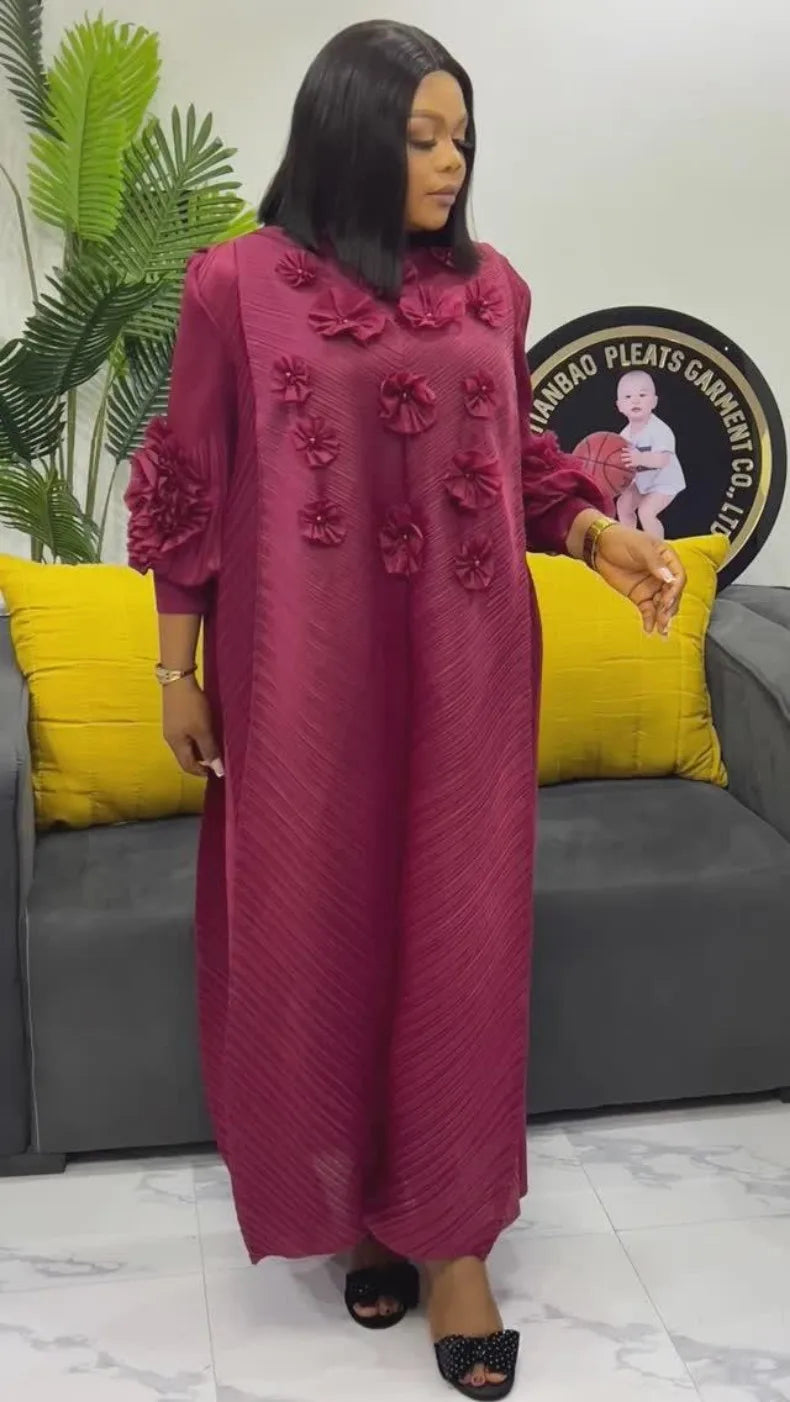 ANLAN Miyake Pleated Maxi Long Dress 3D Flower Splicing Lantern Sleeve Half Turtleneck Formal Dresses for Women 2025 New 5AN9928