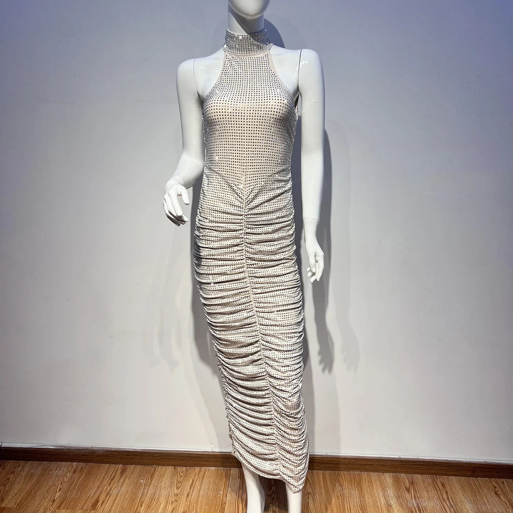 VC Halter Neck Backless Diamonds Long Dress For Women Sleeveless Folds Slim Formal Elegant Celebrity Cocktail Party Gown Vestido