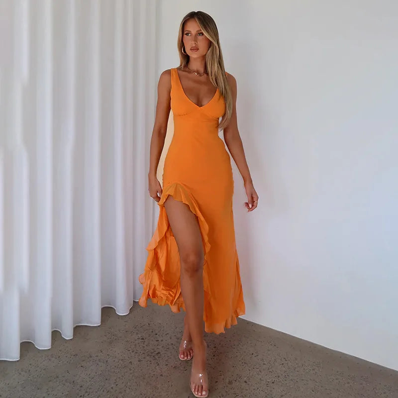 Mozision Elegant Sleeveless Ruffles Sexy Long Dress For Women Summer New Deep V Neck Backless Thigh High Split Maxi Dress