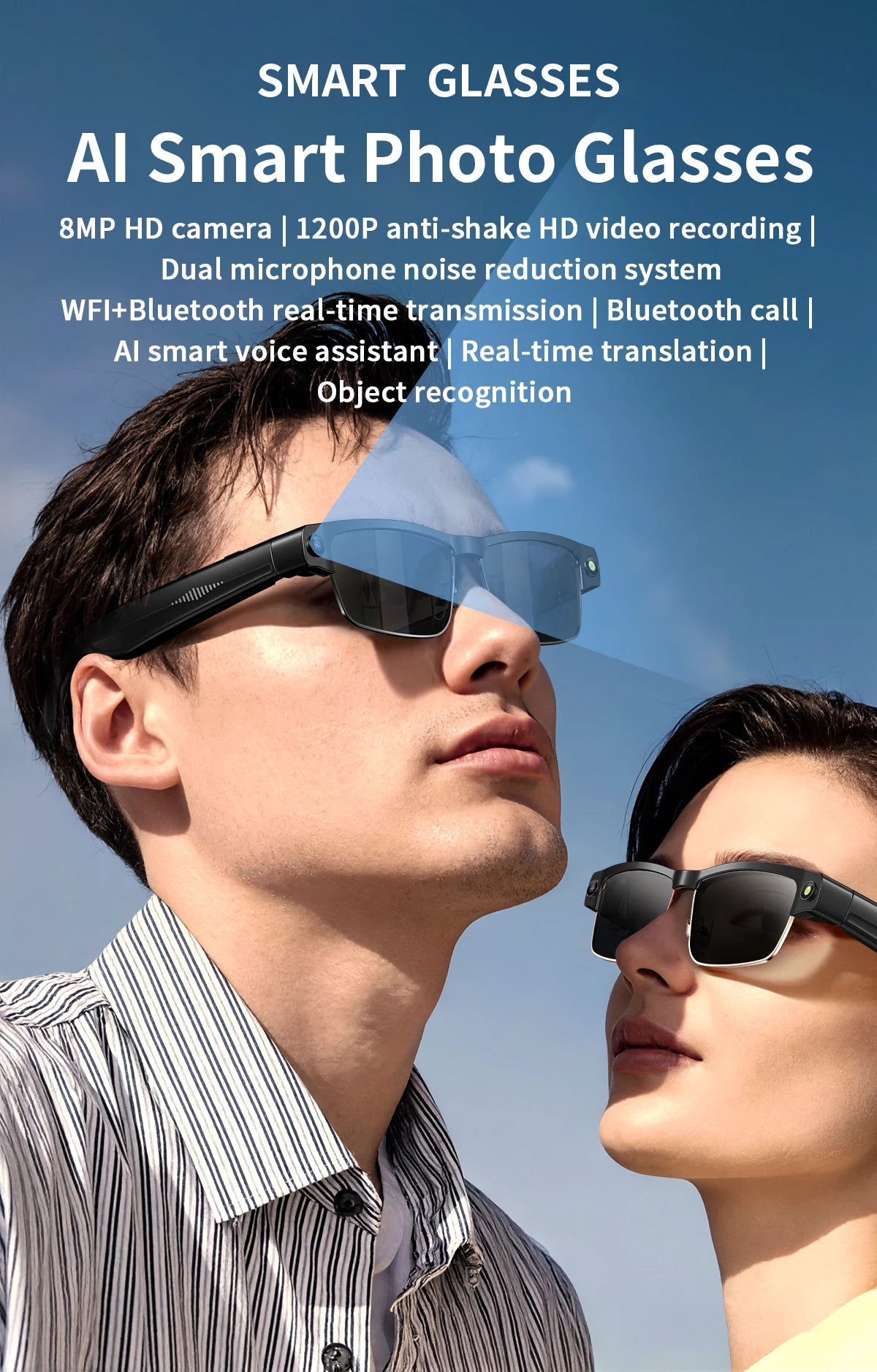 Smart AI Glasses With 8MP HD Camera Chat GPT Touch Sport Sunglasses Bluetooth Call Video Music Player Object Recognition