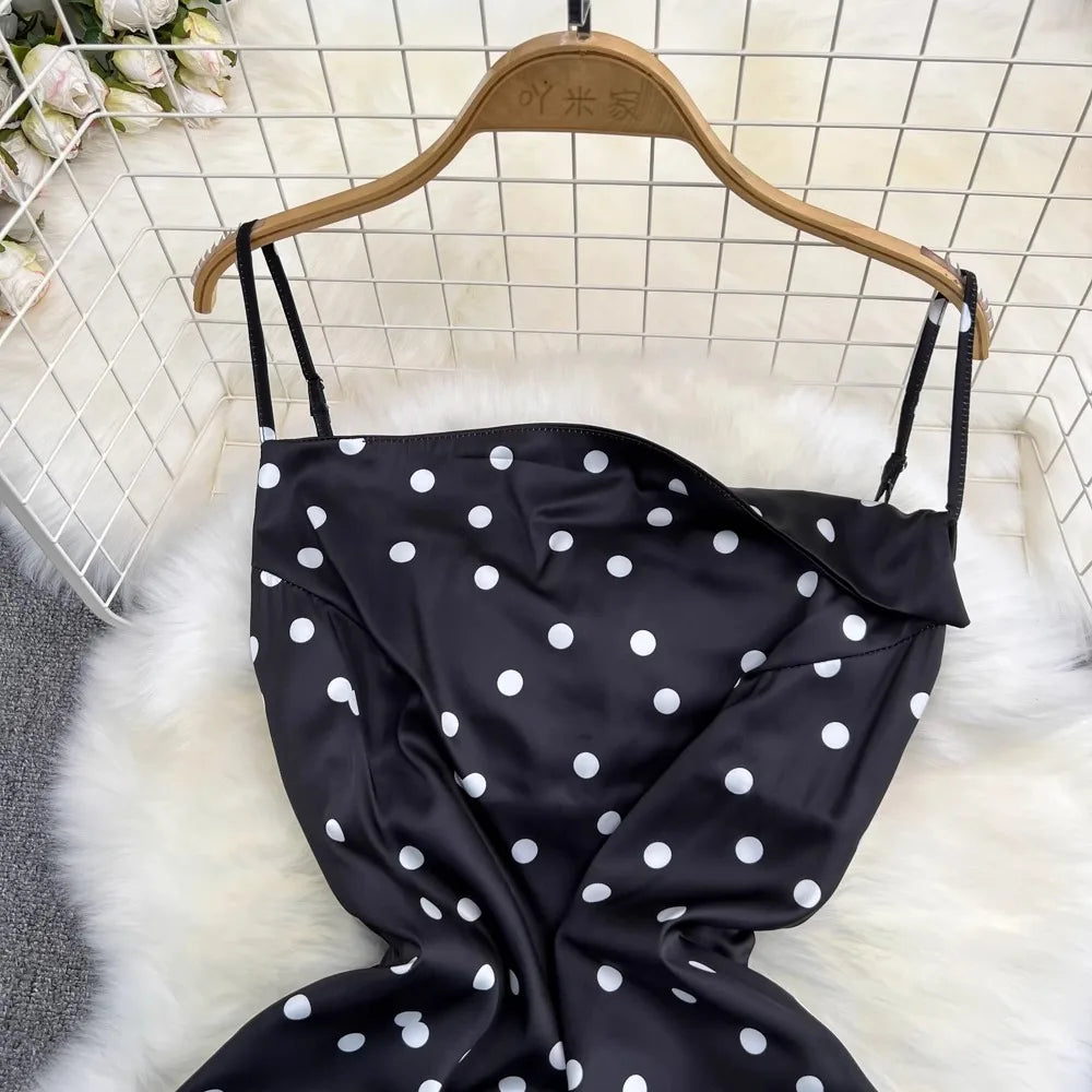 YuooMuoo Chic Polka Dot Camisole Dress for Women 2024 Summer Sexy High Split Drawstring Vacation Beach Long Dress Party Vestidos