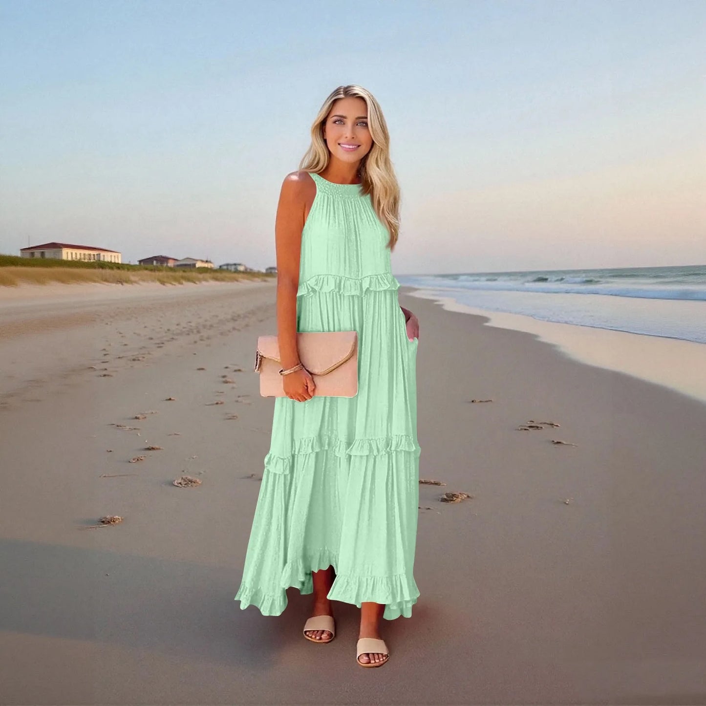 Women's Ruffled hem layered long dresses Summer Sleeveless backless dress Fashion Long Dress Big Swing Beach Dress vestidos